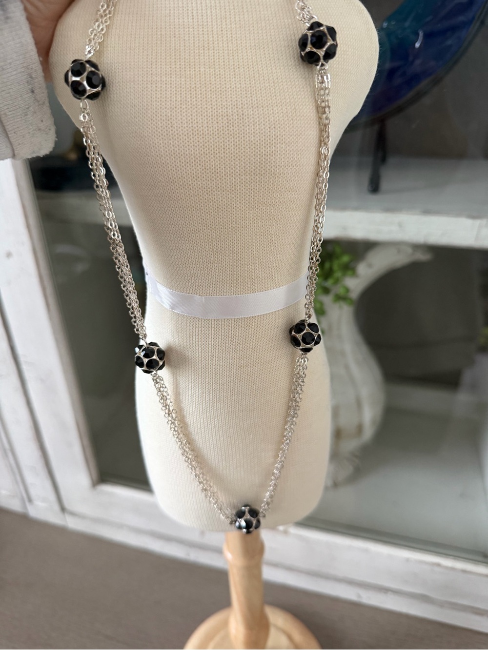 White House Black Market Silver Long Necklace with Black Bead Accents